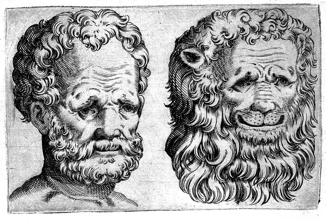 Physiognomy example from 1586: an engraving pairing a man’s face with a lion’s, from Della Porta’s De humana physiognomonia