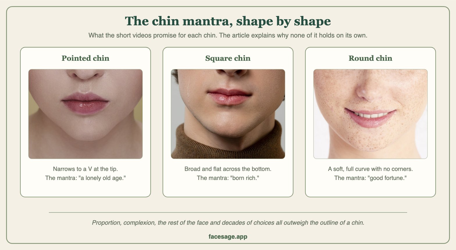 Three real lower-face close-ups comparing a pointed, a square and a round chin