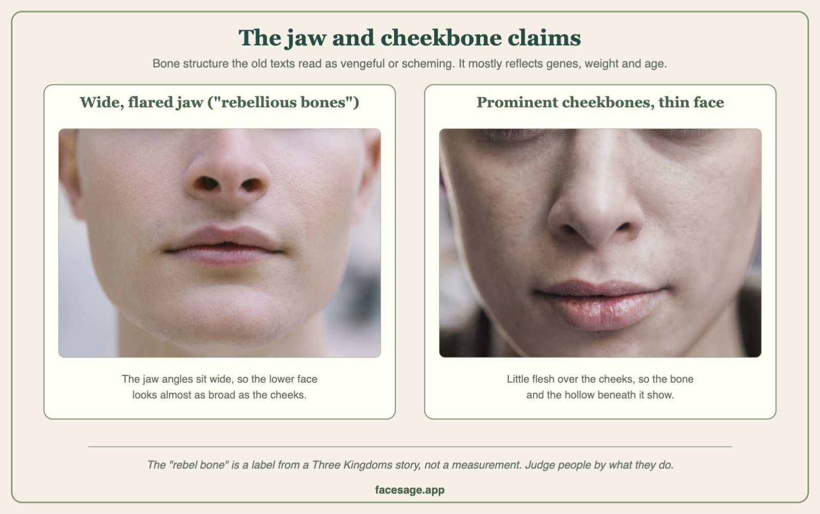 Two close-up photos of the lower face comparing a wide, flared jaw with a thin face with prominent cheekbones