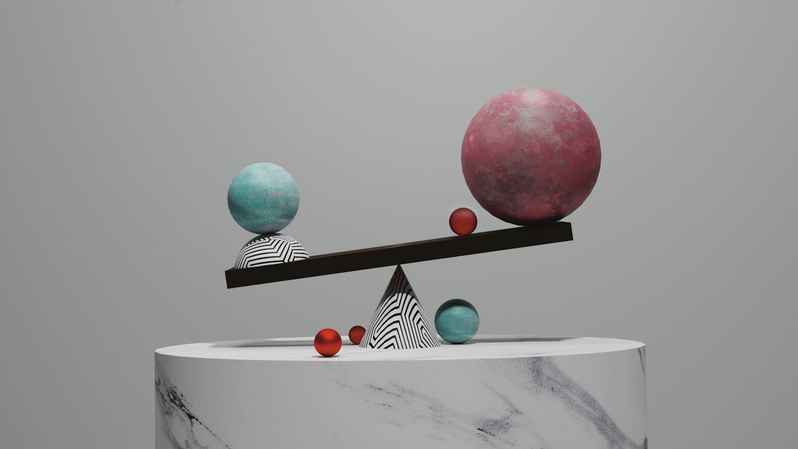 Unbalanced seesaw scale with a large and a small sphere, symbolising unequal give and take in a relationship