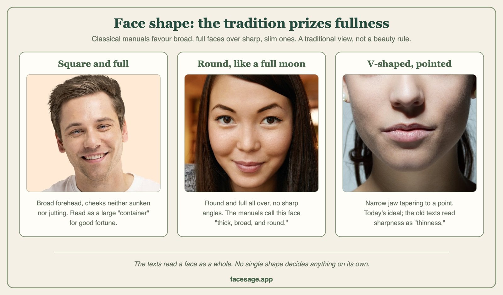 Three real faces comparing a square full face, a round full-moon face and a V-shaped pointed jaw