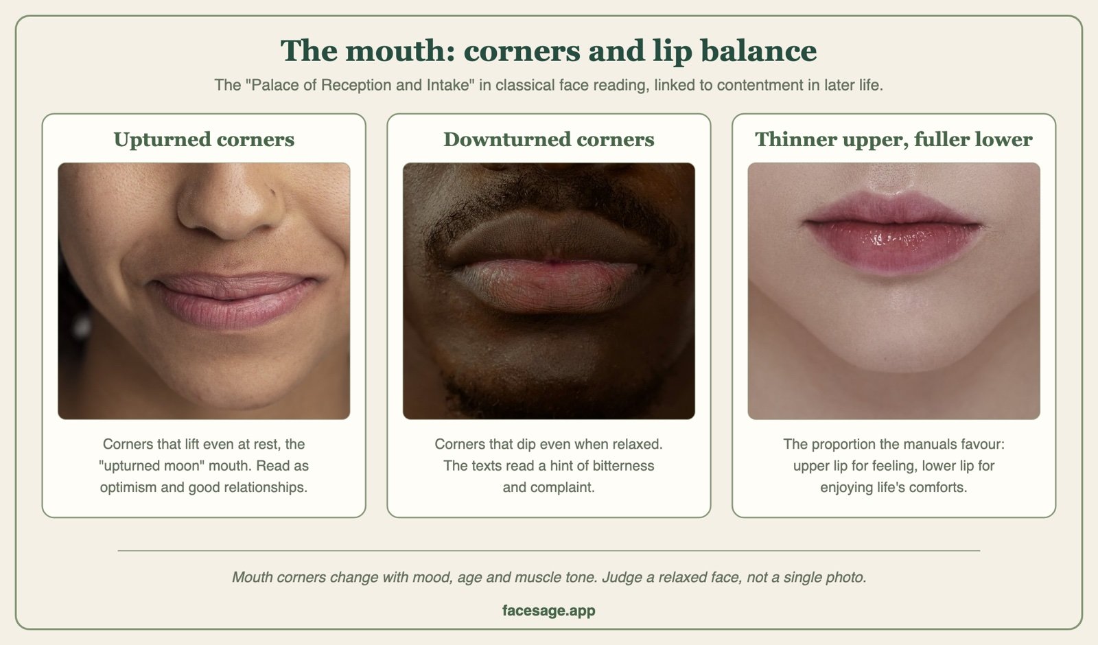 Three mouth close-ups: upturned corners, downturned corners, and a thinner upper lip with a fuller lower lip