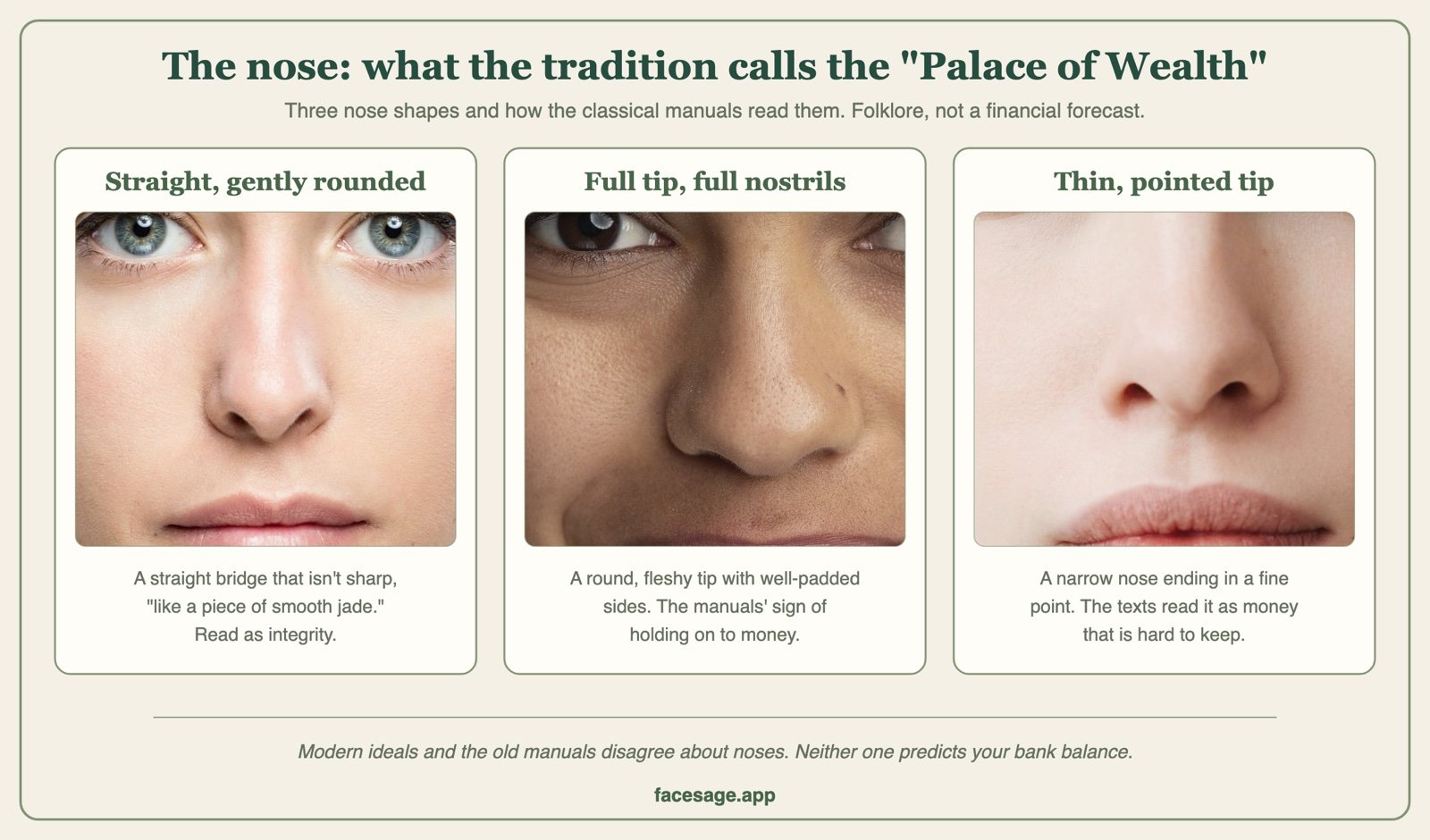 Three nose close-ups: a straight gently rounded nose, a full rounded tip, and a thin pointed tip