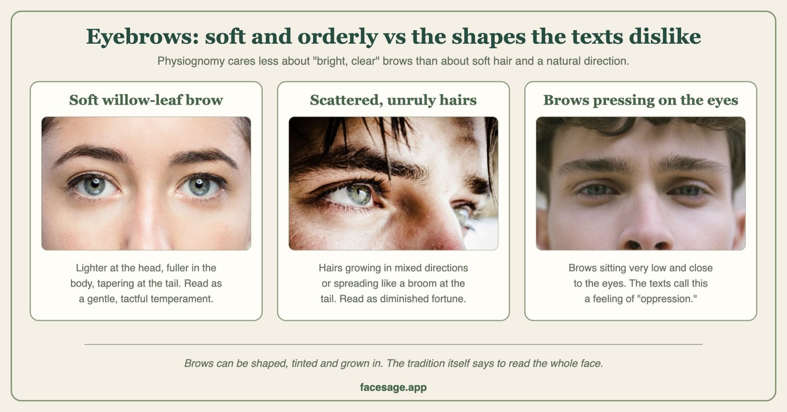 Three eyebrow close-ups: a soft curved brow, an unruly brow and low heavy brows close to the eyes