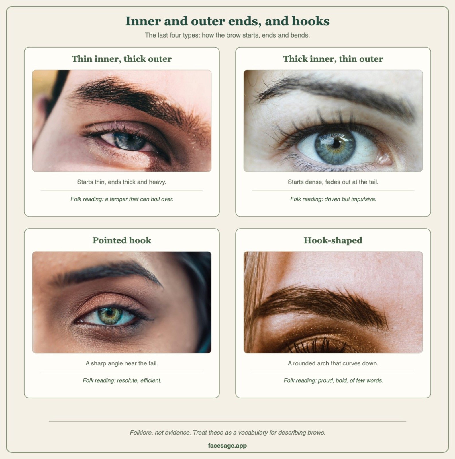Four cropped brow close-ups comparing brow ends and pointed versus curved hooked eyebrows