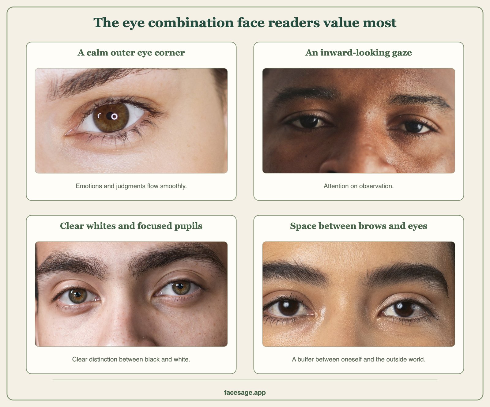 Four eye-area close-ups: a relaxed outer eye corner, a lowered calm gaze, clear eyes with focused pupils, and brows set well above the eyes