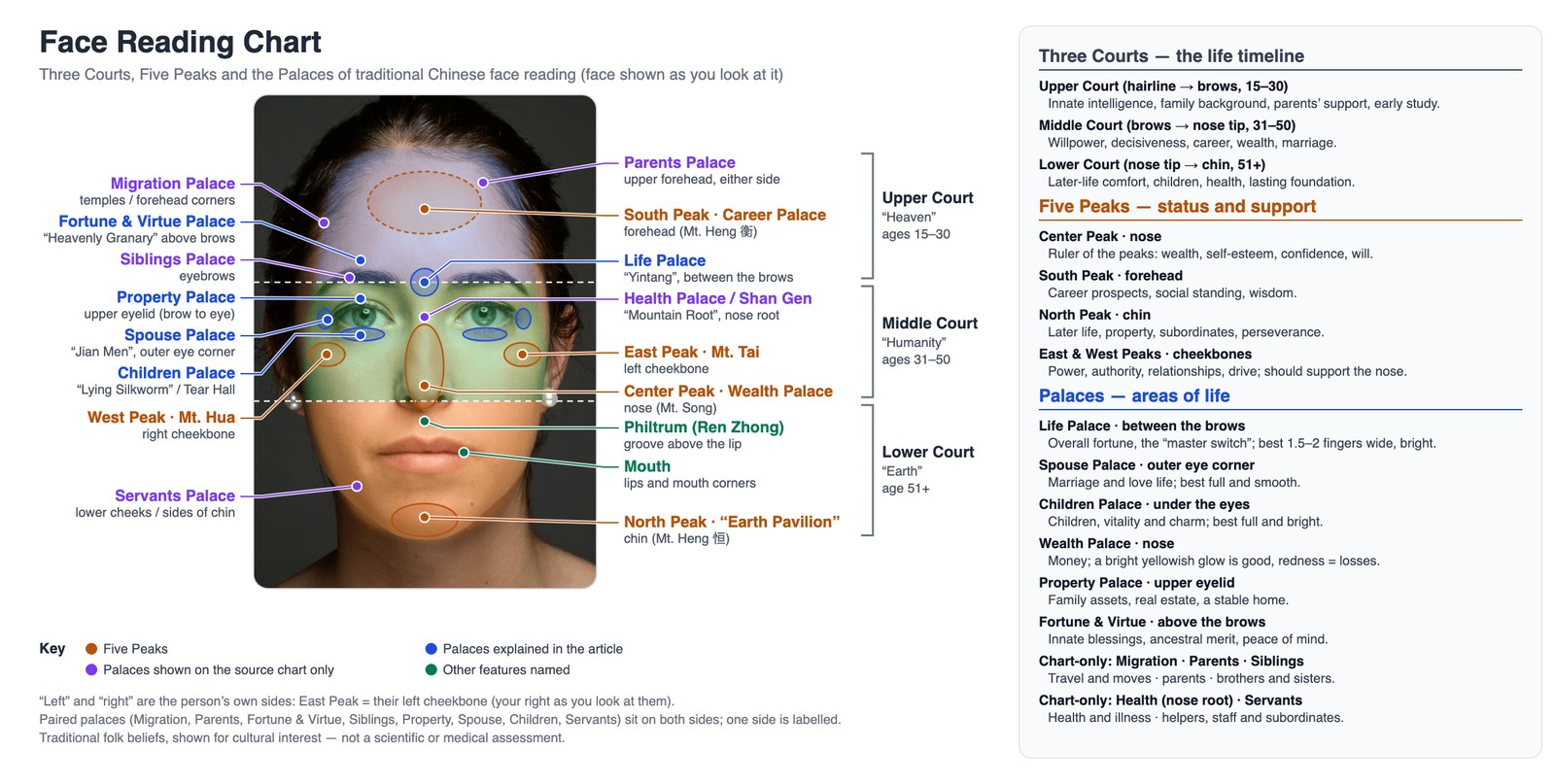 Face reading chart on a real front-facing woman's face showing the Three Courts, Five Peaks and the Palaces of Chinese face reading