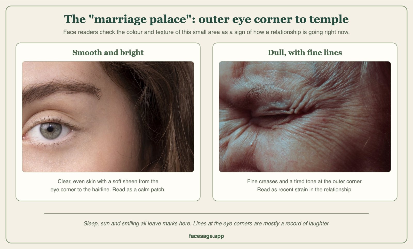 Two close-ups of the outer eye corner and temple, one smooth and bright, one with fine lines
