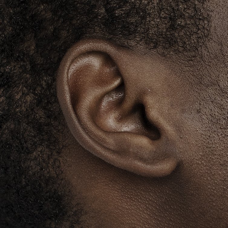 Close-up of an ear with a full, rounded earlobe