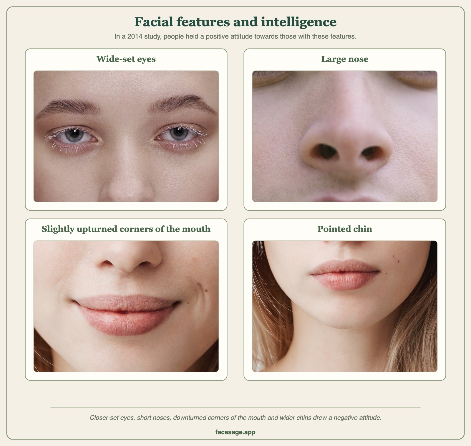 Four close-up photos: wide-set eyes, a large nose, slightly upturned corners of the mouth and a pointed chin