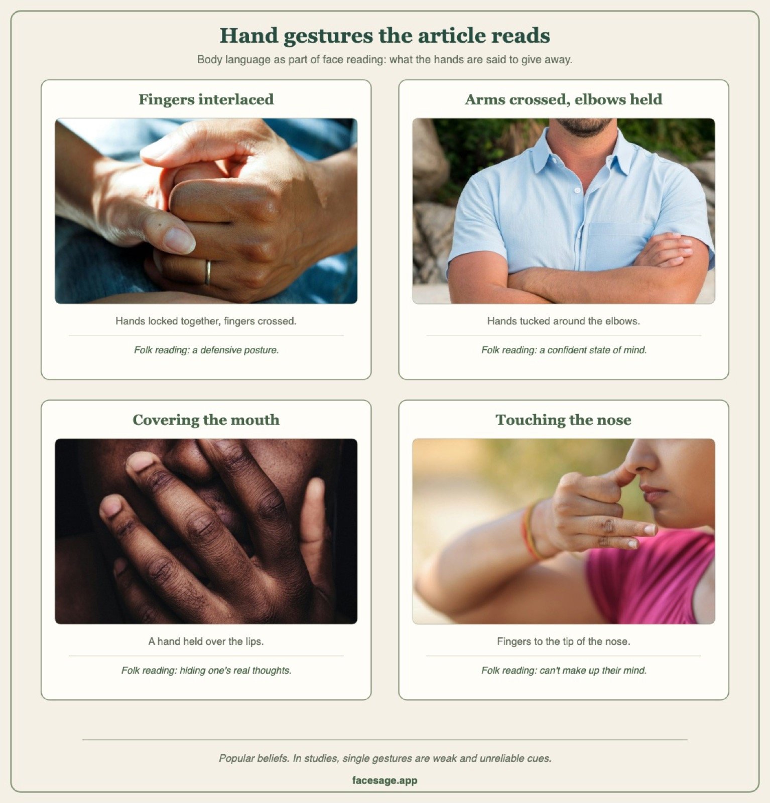 Four photos of hand gestures: interlaced fingers, crossed arms, a hand over the mouth, and fingers touching the nose
