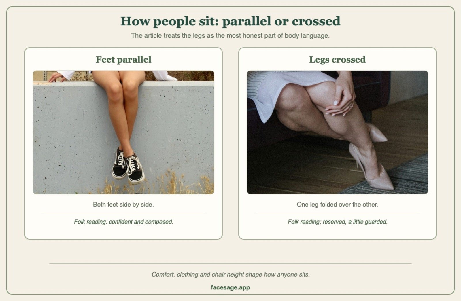Two photos comparing sitting with feet parallel and sitting with legs crossed