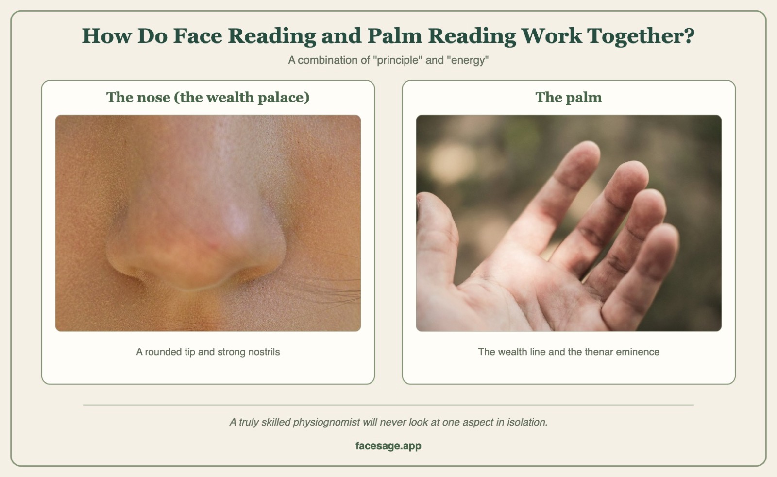 A nose close-up and an open palm side by side, labelled the nose (the wealth palace) and the palm