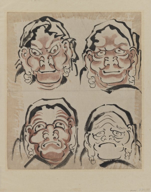 Hokusai sketch of four faces showing different expressions