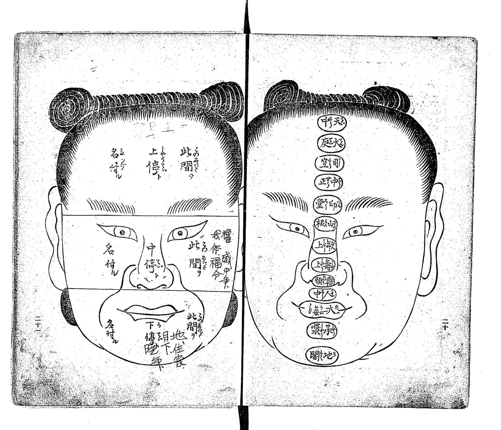 Two woodblock face charts from Mizuno Nanboku's Nanboku Sōhō, with the face's zones and points labelled in Japanese