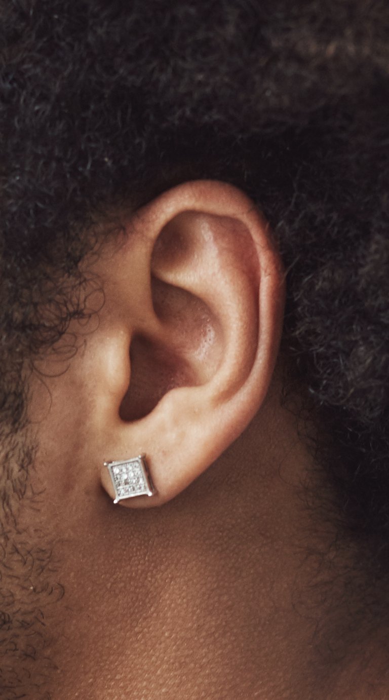 Side-view close-up of an ear with a full earlobe