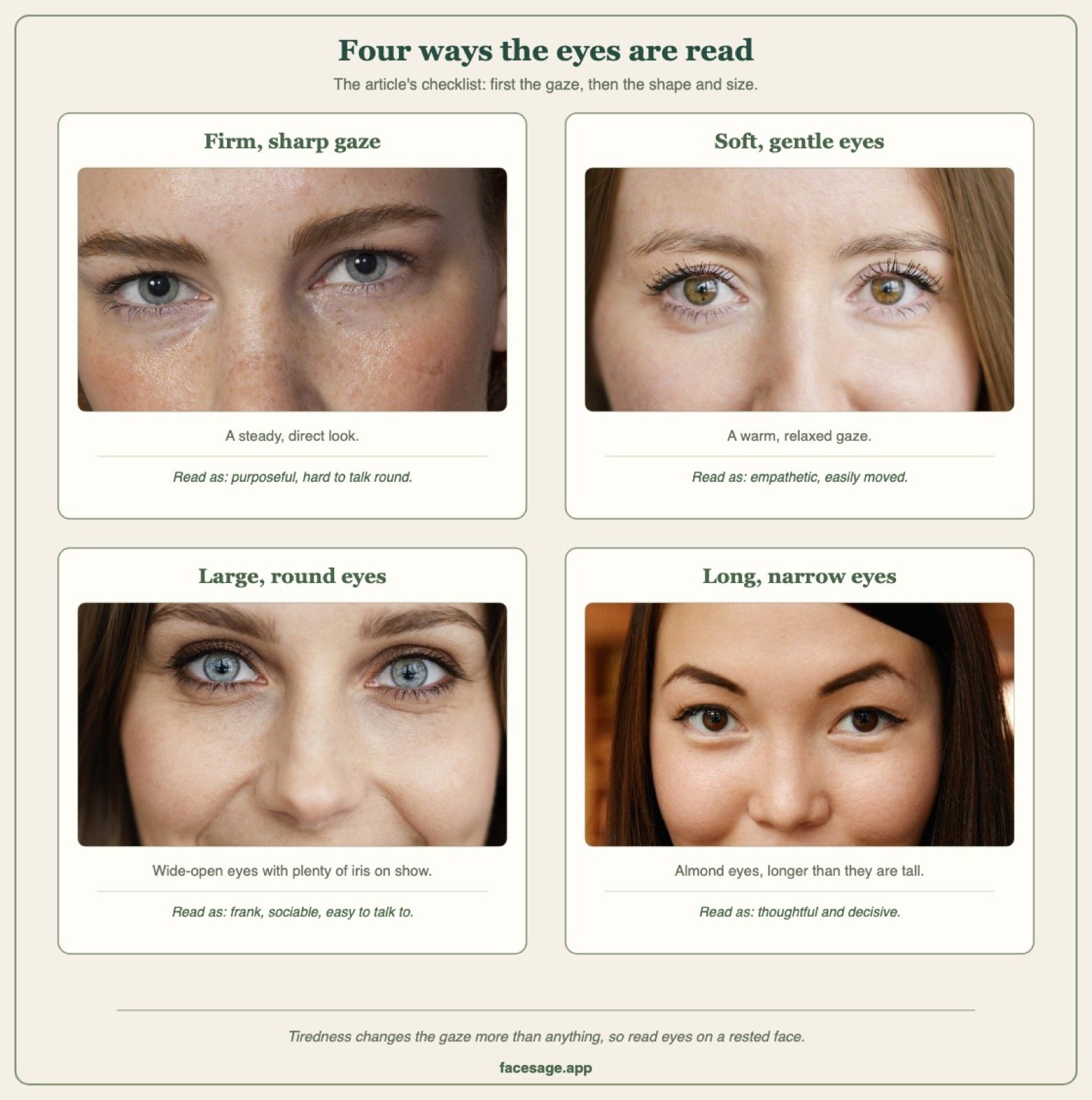 Four real eye close-ups showing a firm gaze, soft eyes, large round eyes and long narrow eyes