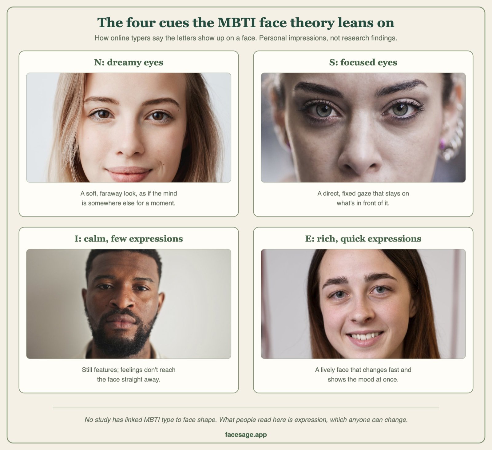 Four real faces illustrating dreamy vs focused eyes and calm vs lively expressions