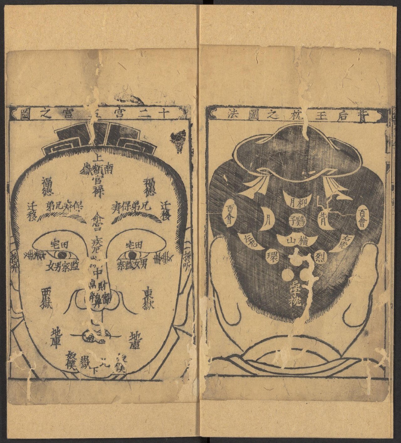 Woodblock "Twelve Palaces" face chart from a 1602 Chinese face-reading manual