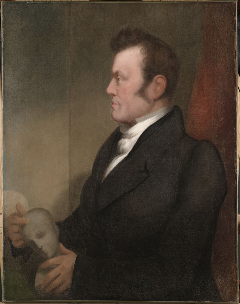 Profile portrait of Johann Gaspar Spurzheim holding a skull