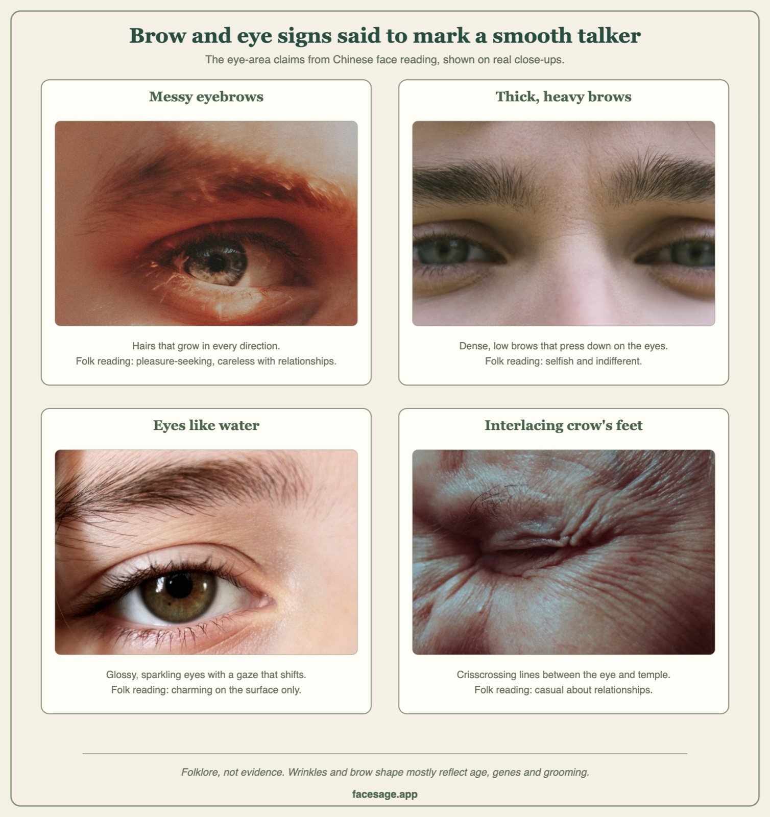 Four close-up photos: an unruly eyebrow, thick low brows, a glossy eye, and deep crisscrossing wrinkles at the corner of an eye