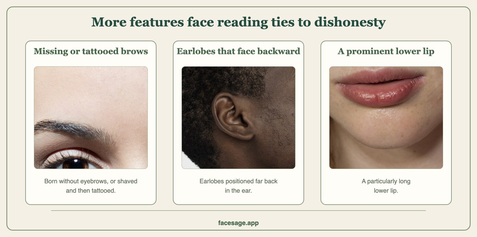 Three close-up photos: a single eyebrow, an ear seen from the side, and full lips with a prominent lower lip